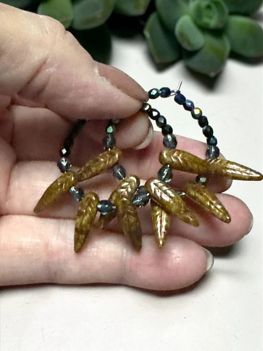 Boho Czech Glass Hoop Earrings Rustic Bronze Dagger Beads Blue Artisan